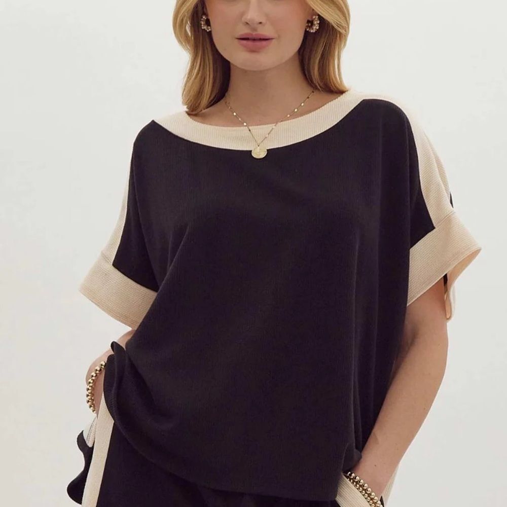 Anthropologie Black Top with Cream Trim
